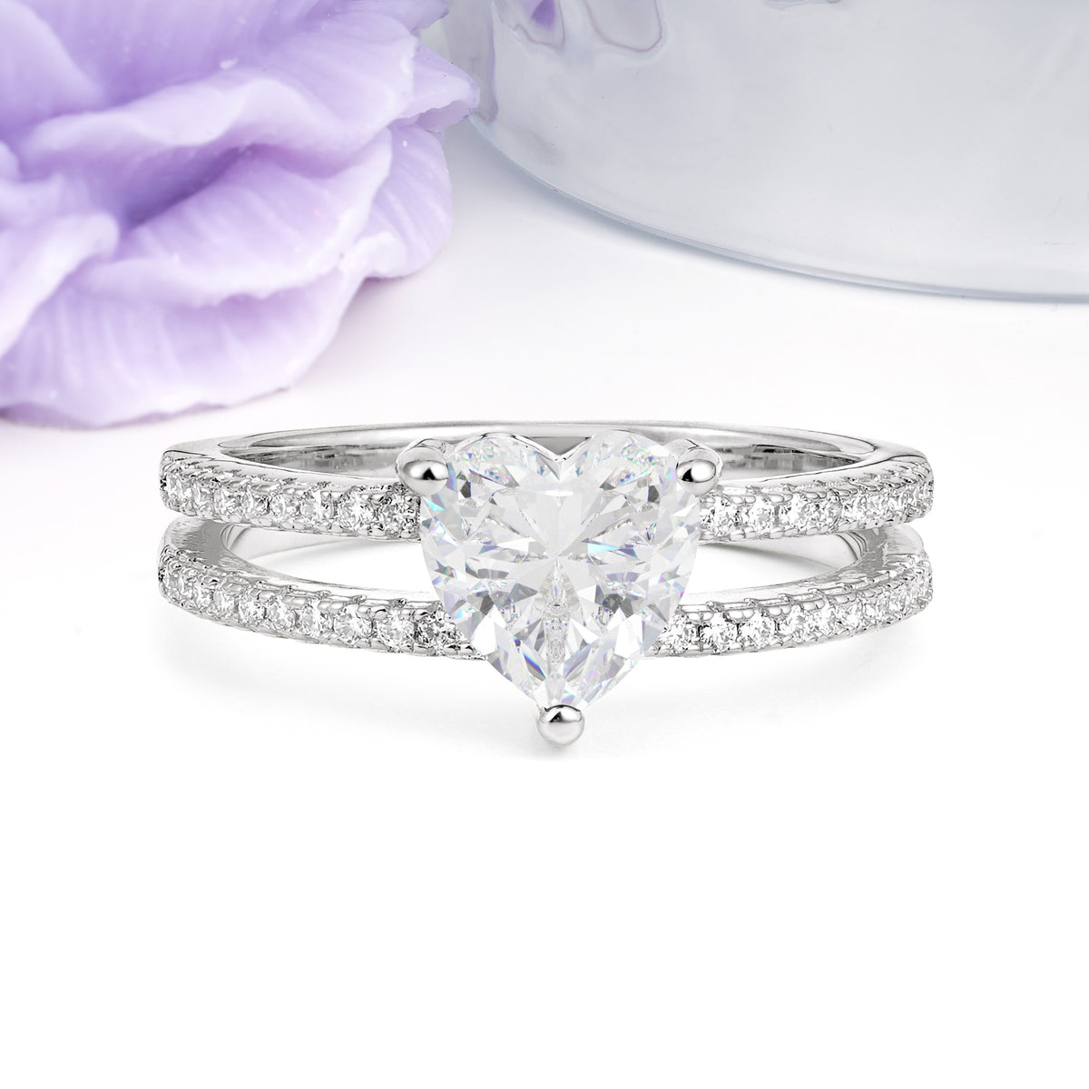 Luxurious Double Row Pavé, 3 Prong Heart Cut Moissanite Engagement Ring - Additional view