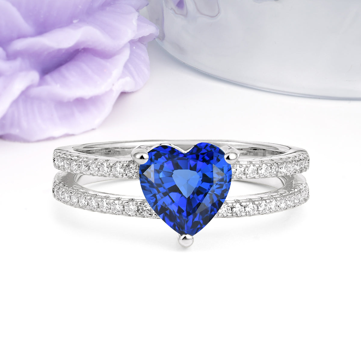 Luxurious Double Row Pavé, 3 Prong Heart Cut Sapphire Engagement Ring - Additional view