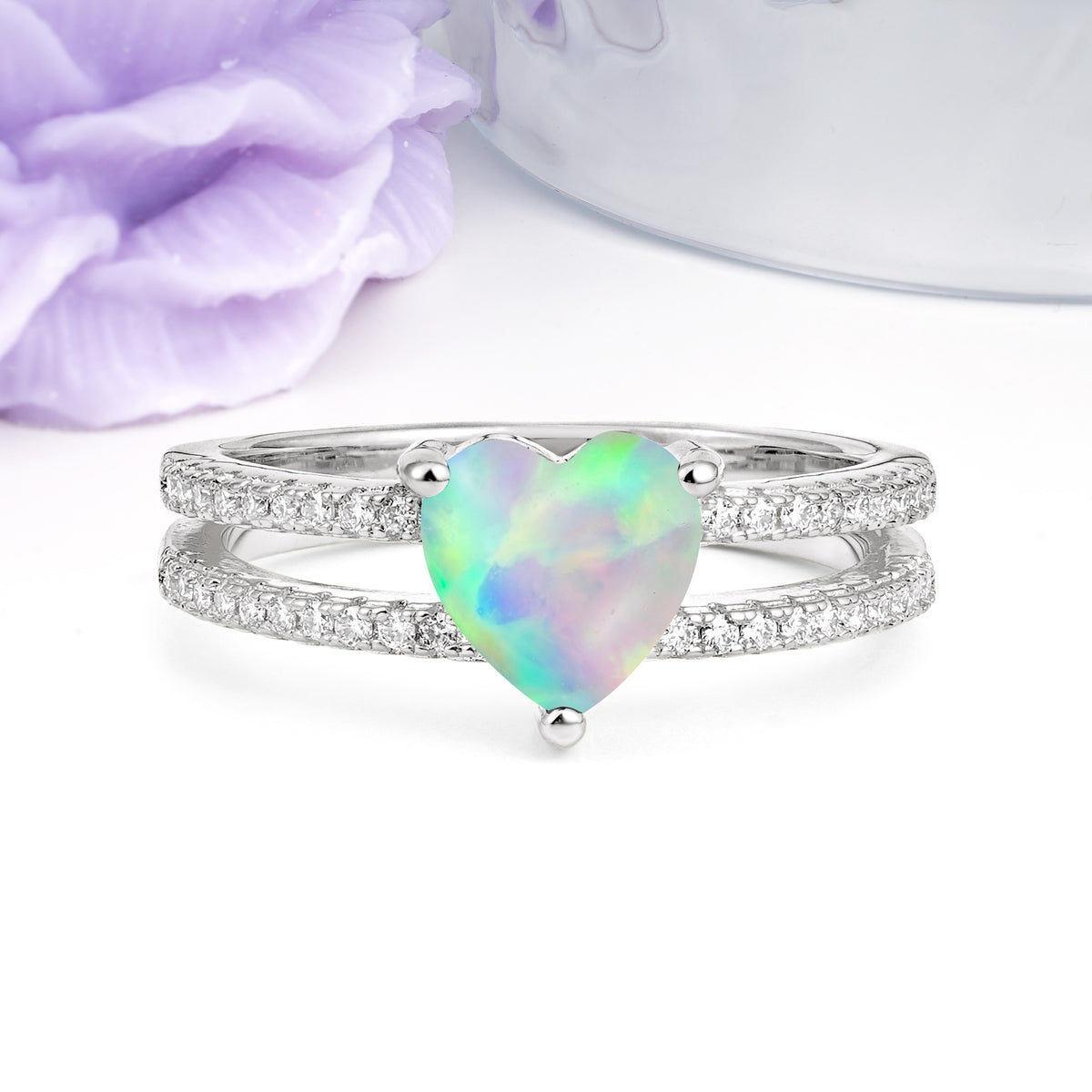 Luxurious Double Row Pavé, 3 Prong Heart Cut Fire Opal Engagement Ring - Additional view