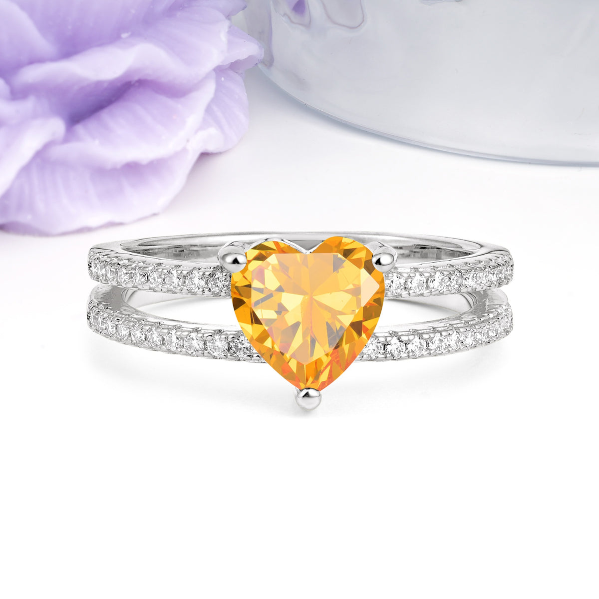 Luxurious Double Row Pavé, 3 Prong Heart Cut Citrine Engagement Ring - Additional view