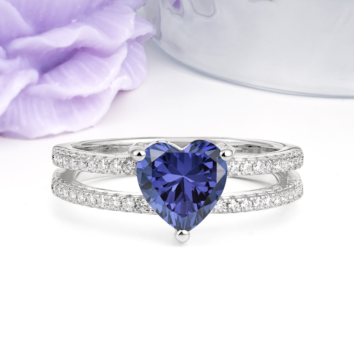 Luxurious Double Row Pavé, 3 Prong Heart Cut Tanzanite Engagement Ring - Additional view