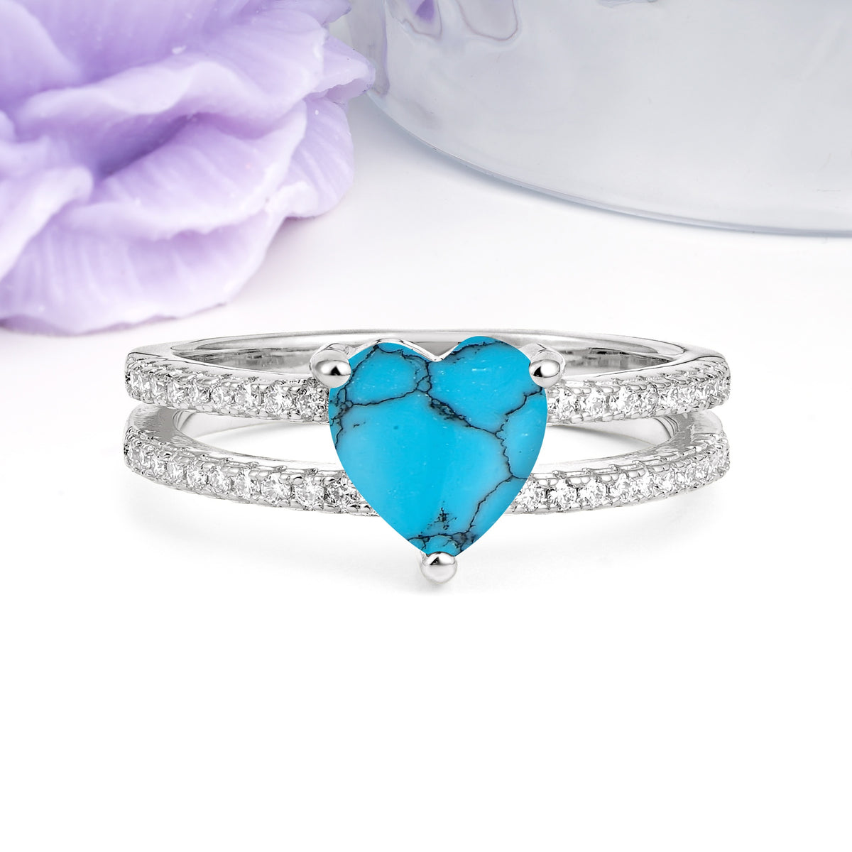 Luxurious Double Row Pavé, 3 Prong Heart Cut Turquoise Engagement Ring - Additional view