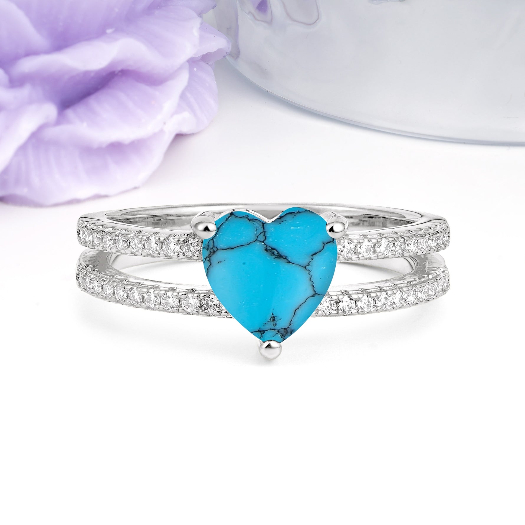Luxurious Double Row Pavé, 3 Prong Heart Cut Turquoise Engagement Ring - Additional view