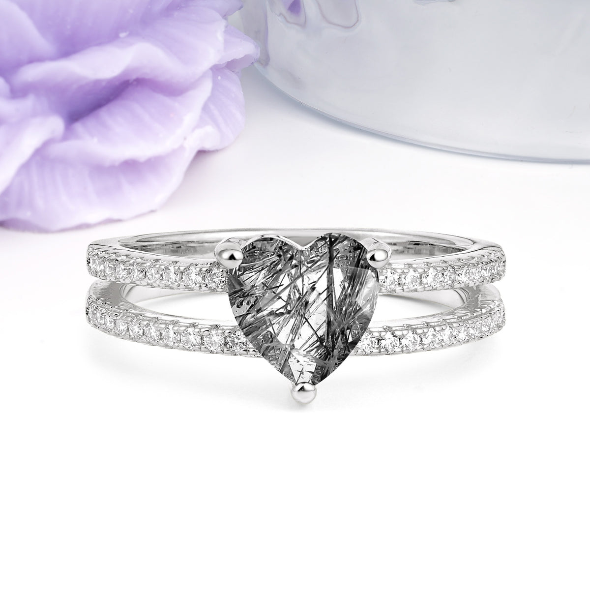 Luxurious Double Row Pavé, 3 Prong Heart Cut Black Rutilated Quartz Engagement Ring - Additional view