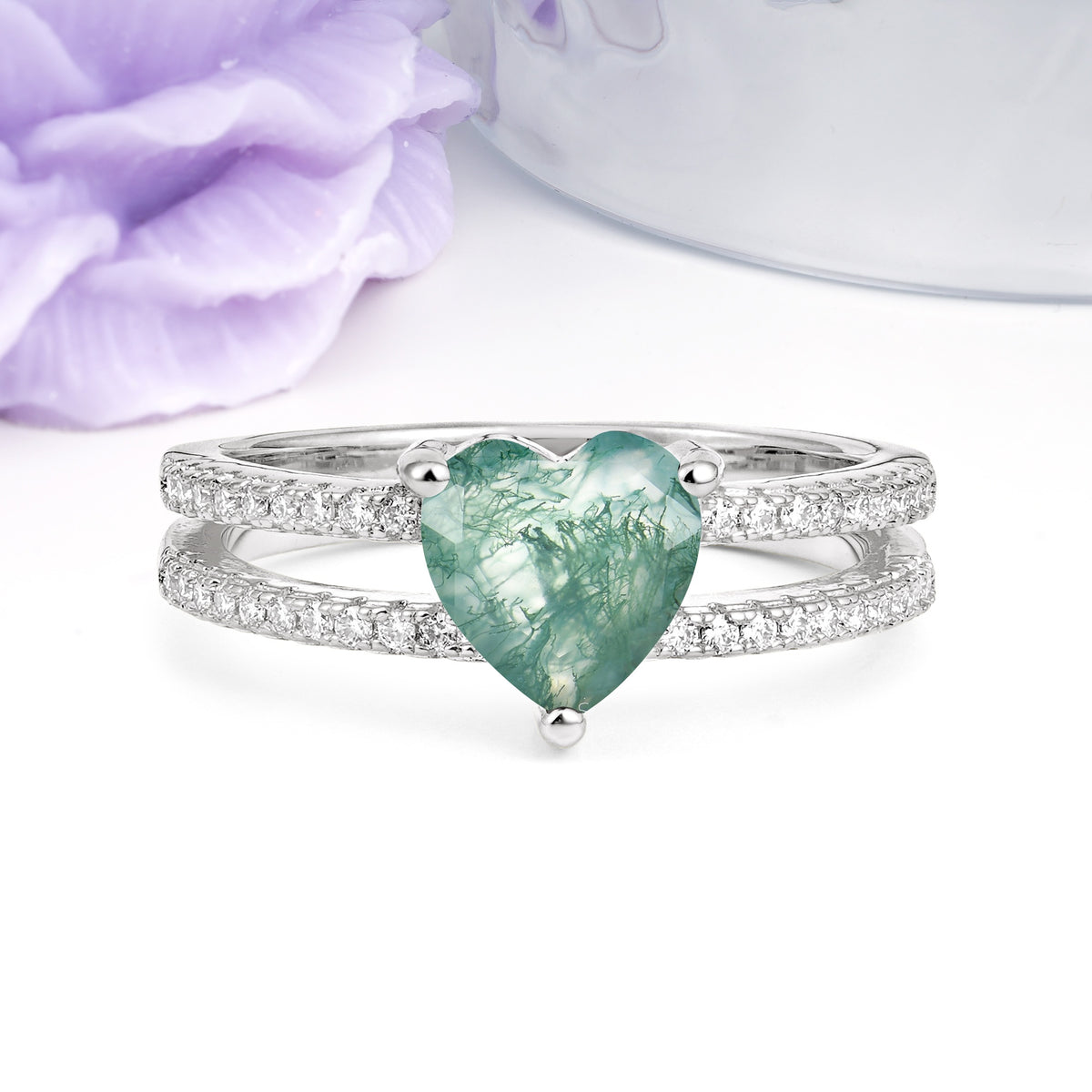 Luxurious Double Row Pavé, 3 Prong Heart Cut Moss Agate Engagement Ring - Additional view