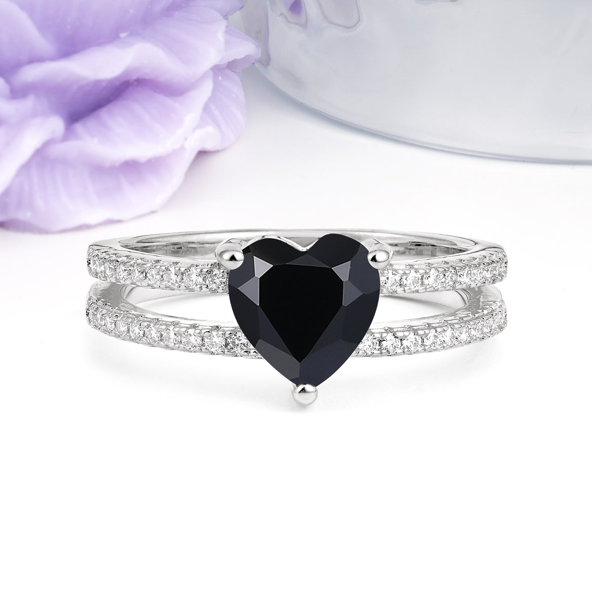 Luxurious Double Row Pavé, 3 Prong Heart Cut Black Onyx Engagement Ring - Additional view