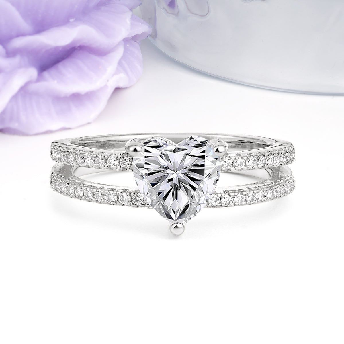 Luxurious Double Row Pavé, 3 Prong Heart Cut Lab Diamond Engagement Ring - Additional view