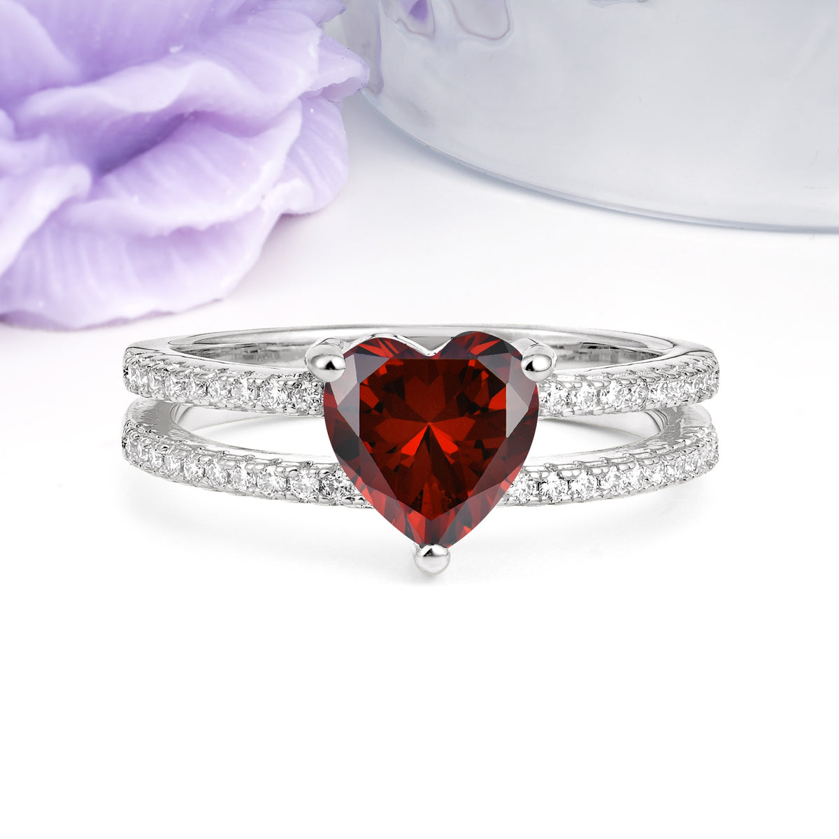 Luxurious Double Row Pavé, 3 Prong Heart Cut Garnet Engagement Ring - Additional view