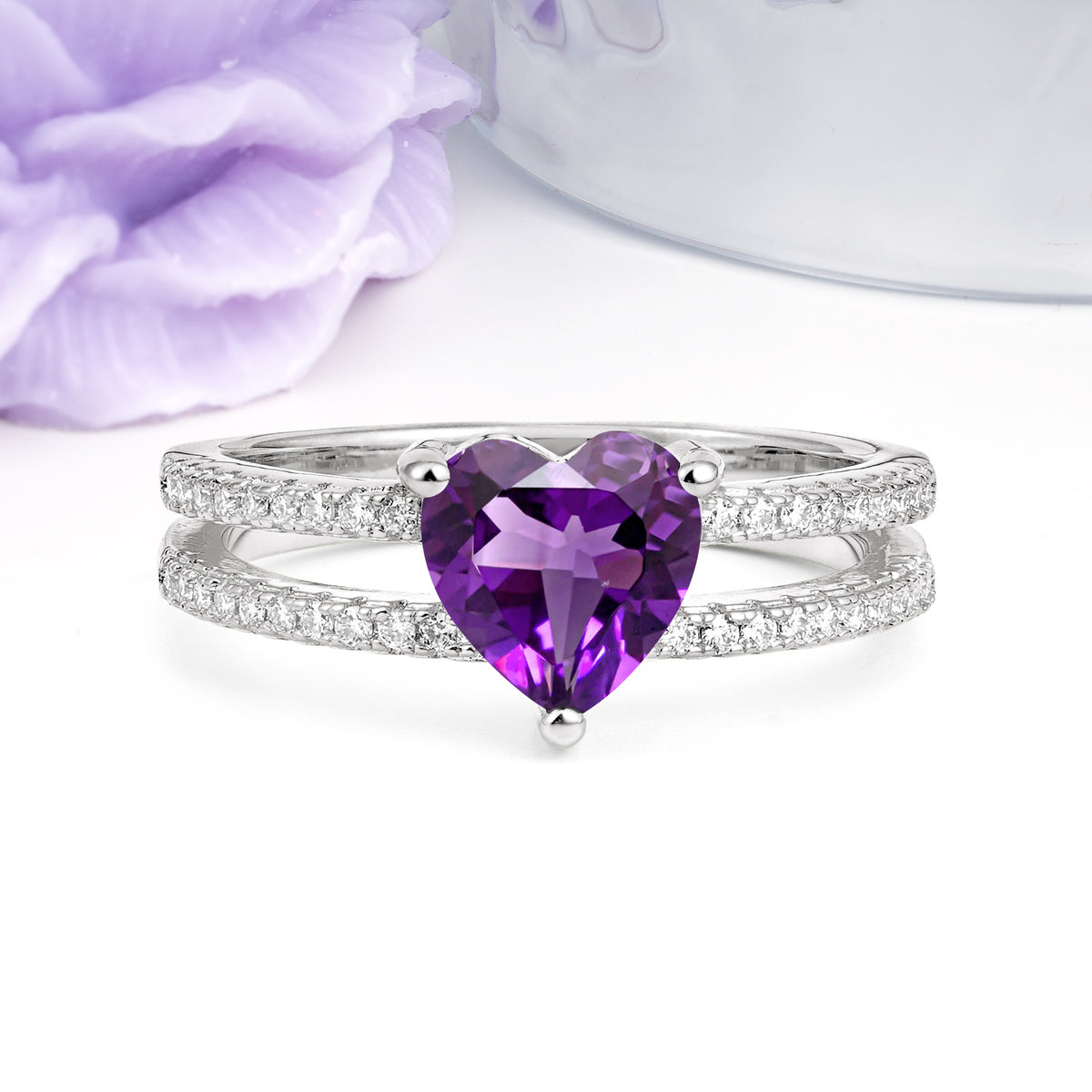 Luxurious Double Row Pavé, 3 Prong Heart Cut Amethyst Engagement Ring - Additional view