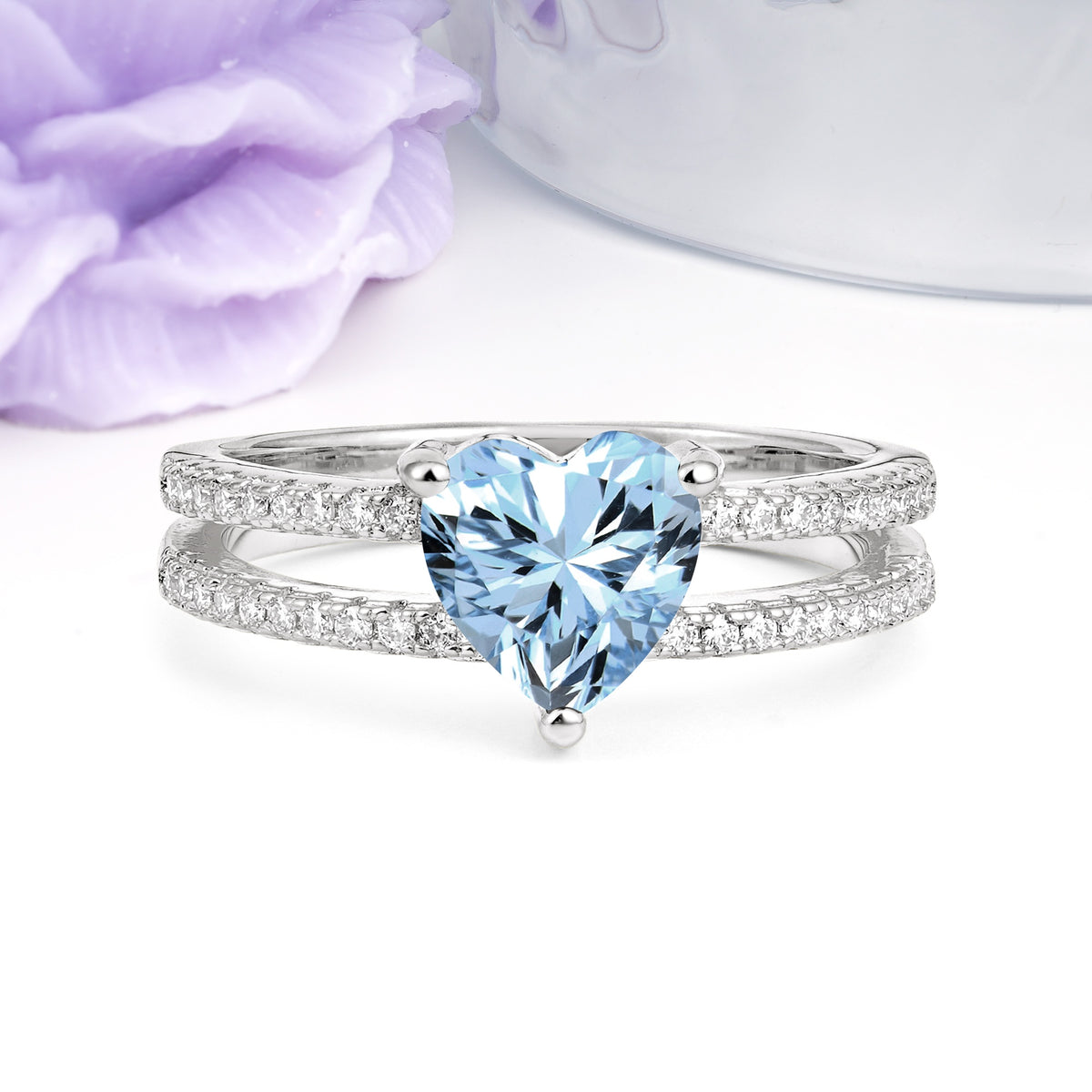 Luxurious Double Row Pavé, 3 Prong Heart Cut Aquamarine Engagement Ring - Additional view