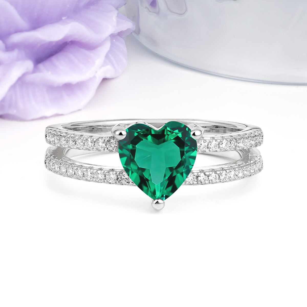 Luxurious Double Row Pavé, 3 Prong Heart Cut Emerald Engagement Ring - Additional view