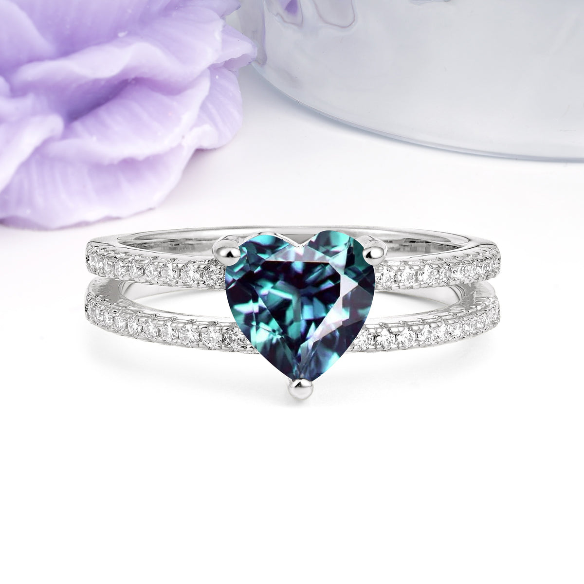 Luxurious Double Row Pavé, 3 Prong Heart Cut Alexandrite Engagement Ring - Additional view