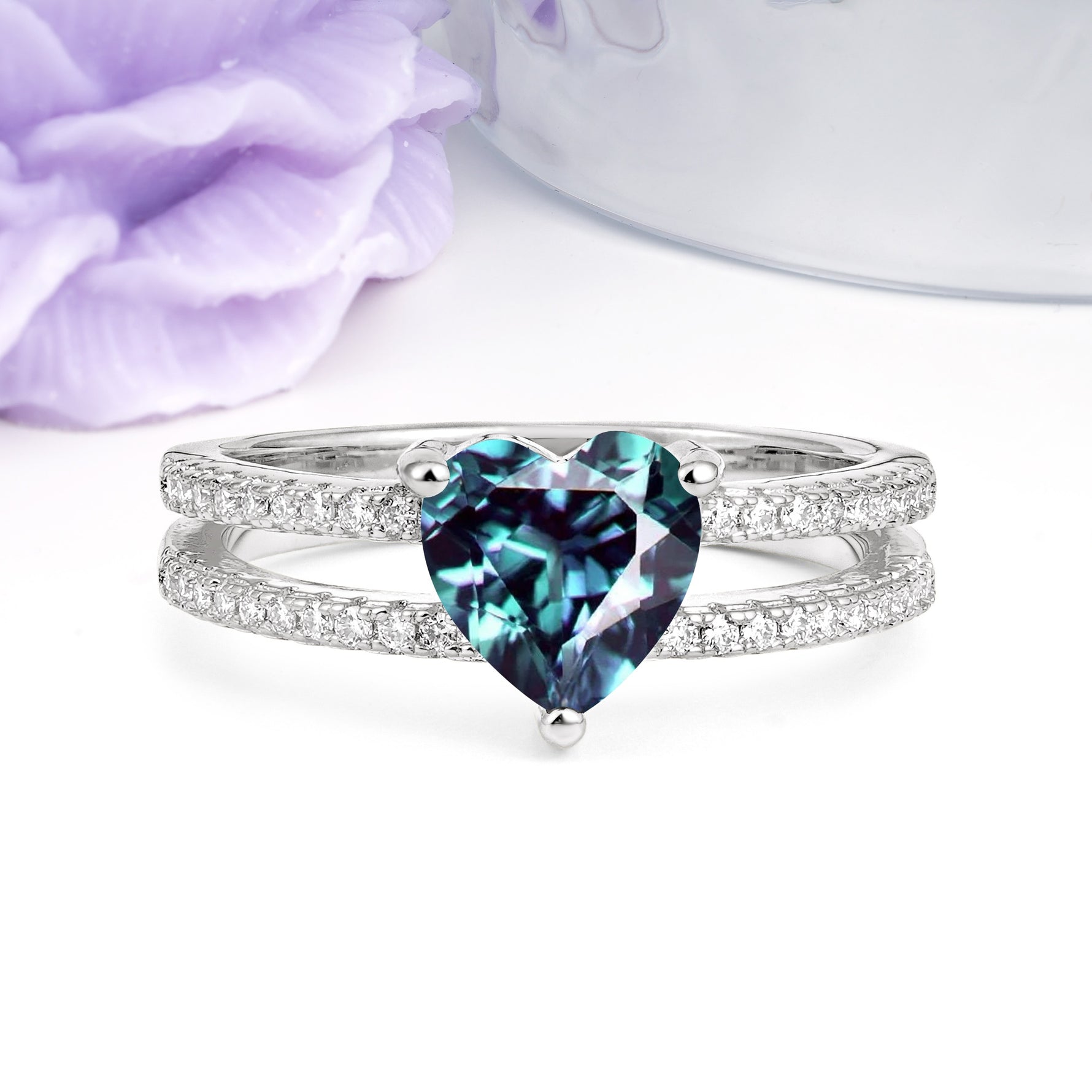 Luxurious Double Row Pavé, 3 Prong Heart Cut Alexandrite Engagement Ring - Additional view