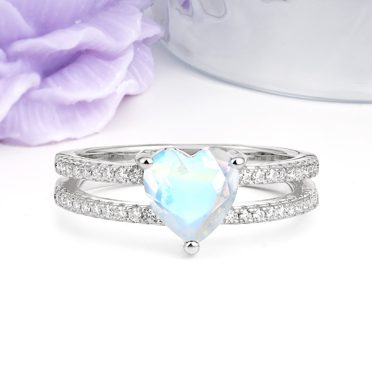Luxurious Double Row Pavé, 3 Prong Heart Cut Moonstone Engagement Ring - Additional view