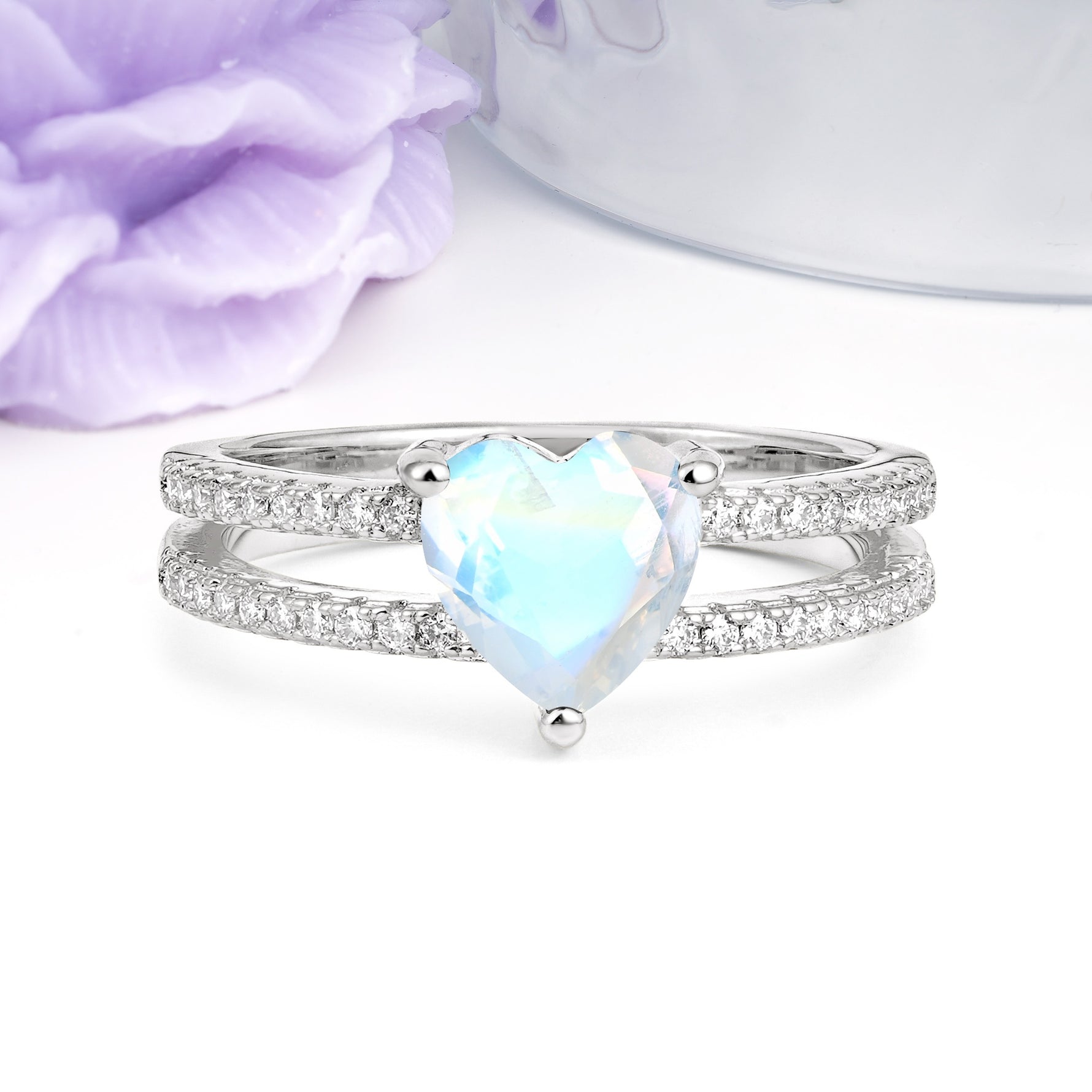 Luxurious Double Row Pavé, 3 Prong Heart Cut Moonstone Engagement Ring - Additional view