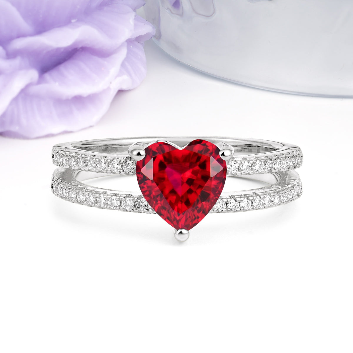 Luxurious Double Row Pavé, 3 Prong Heart Cut Ruby Engagement Ring - Additional view
