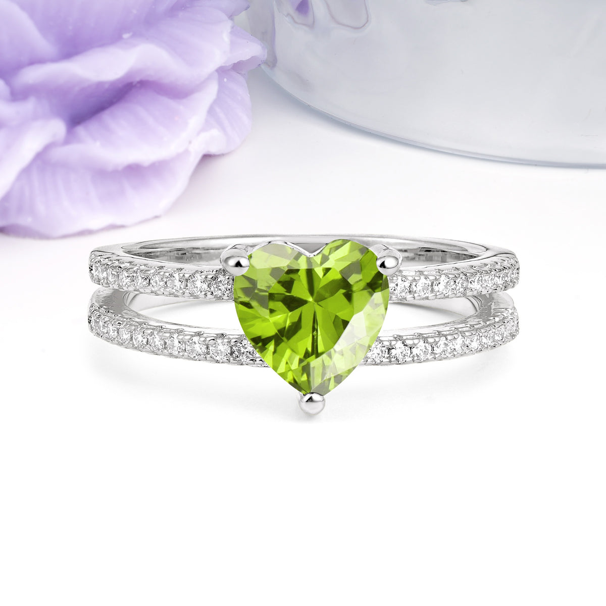 Luxurious Double Row Pavé, 3 Prong Heart Cut Peridot Engagement Ring - Additional view