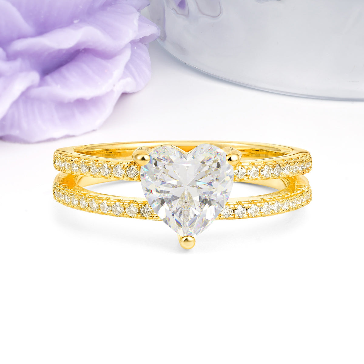Luxurious Double Row Pavé, 3 Prong Heart Cut Moissanite Engagement Ring - Additional view