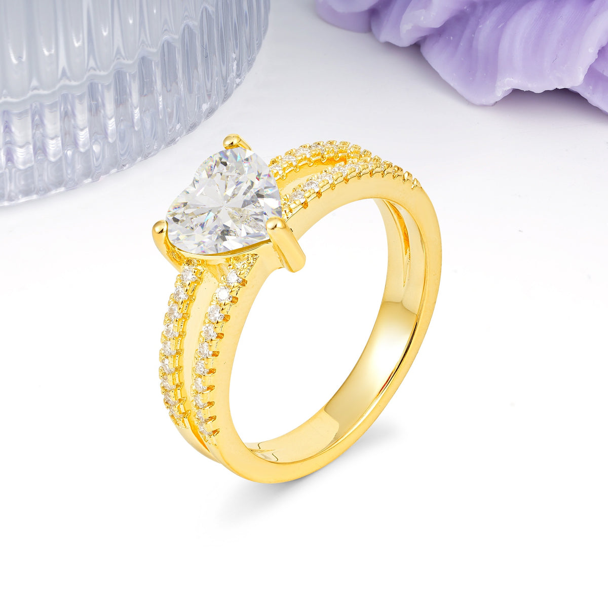 Luxurious Double Row Pavé, 3 Prong Heart Cut Moissanite Engagement Ring - Additional view