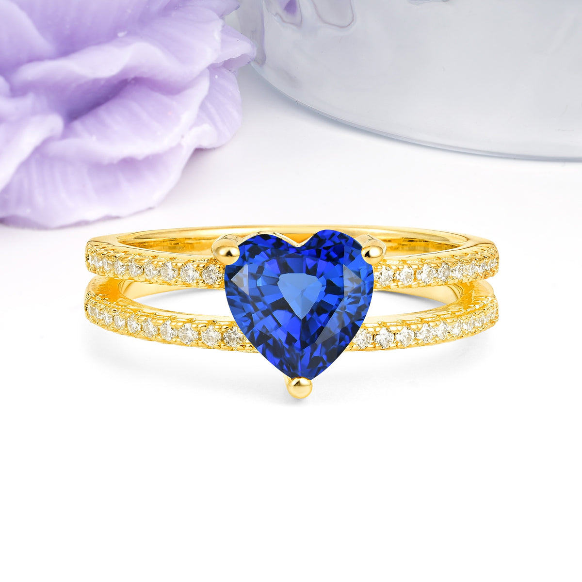 Luxurious Double Row Pavé, 3 Prong Heart Cut Sapphire Engagement Ring - Additional view