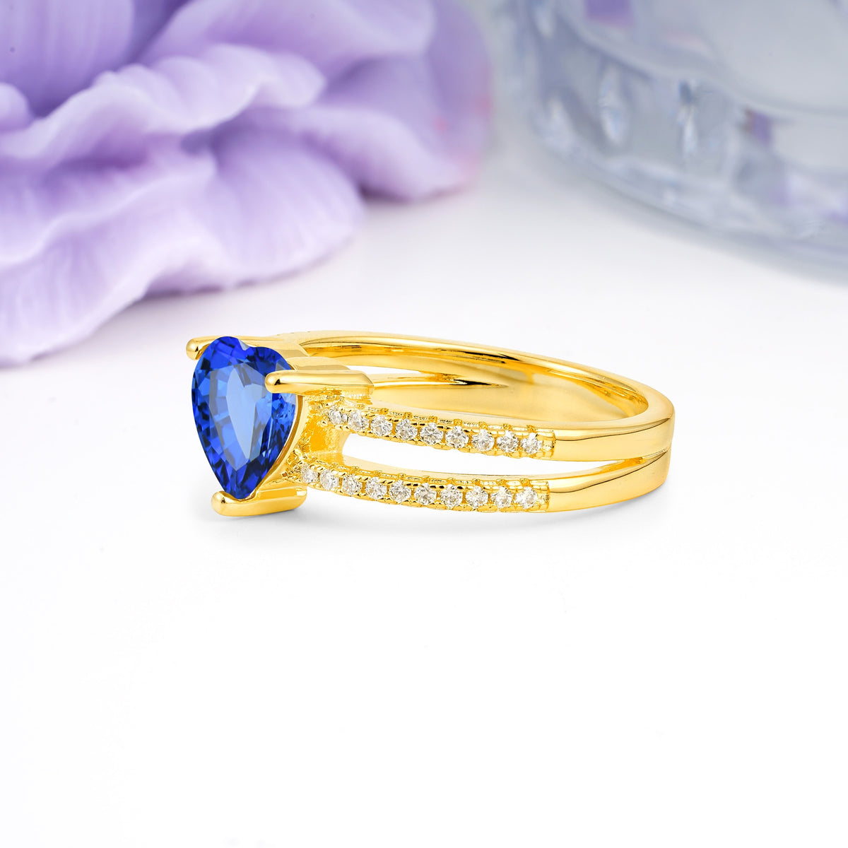 Luxurious Double Row Pavé, 3 Prong Heart Cut Sapphire Engagement Ring - Additional view