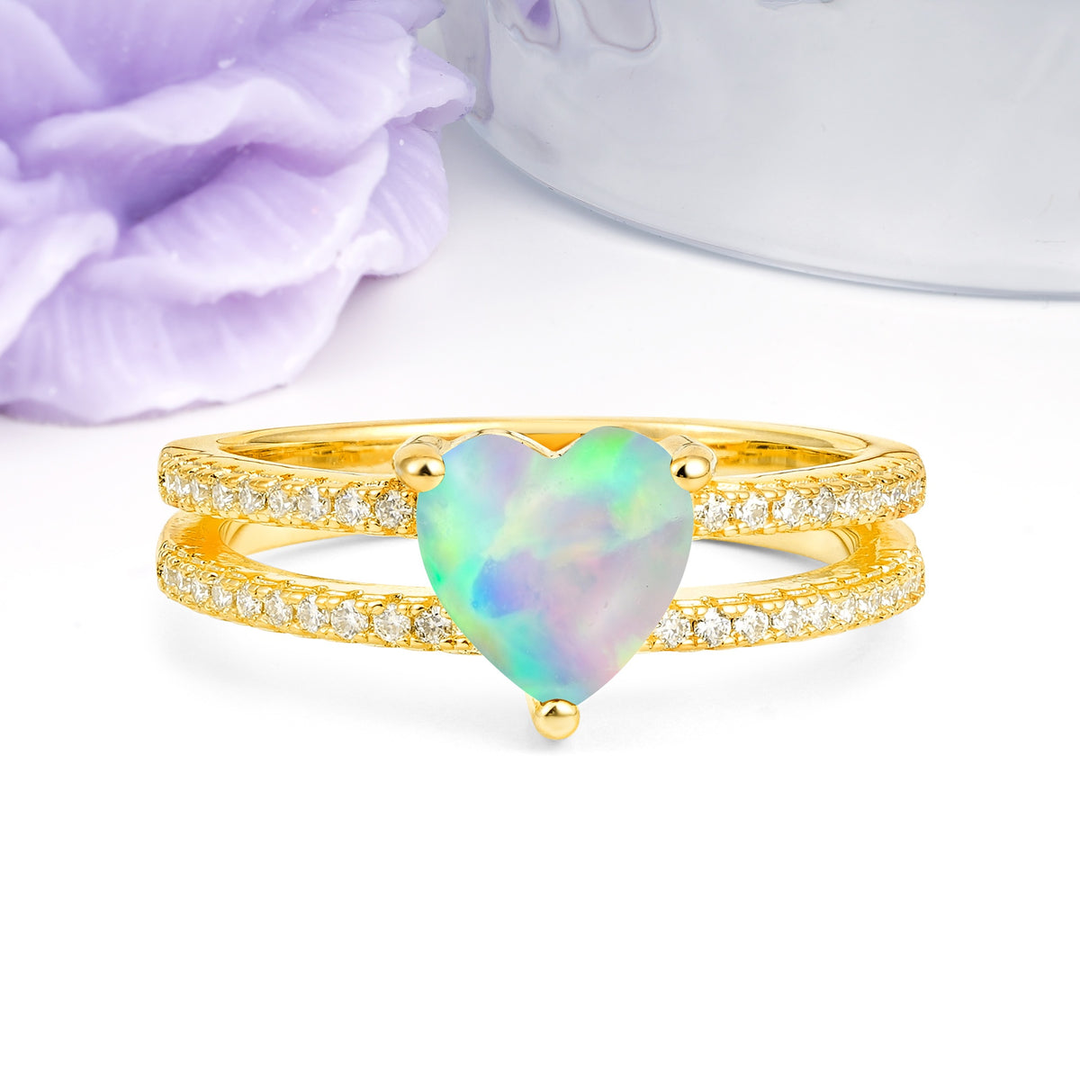 Luxurious Double Row Pavé, 3 Prong Heart Cut Fire Opal Engagement Ring - Additional view