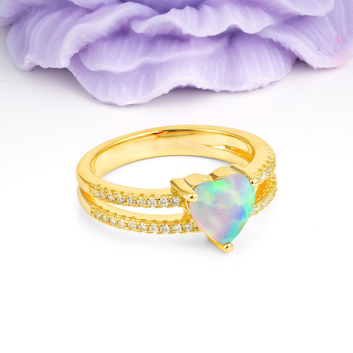 Luxurious Double Row Pavé, 3 Prong Heart Cut Fire Opal Engagement Ring - Additional view