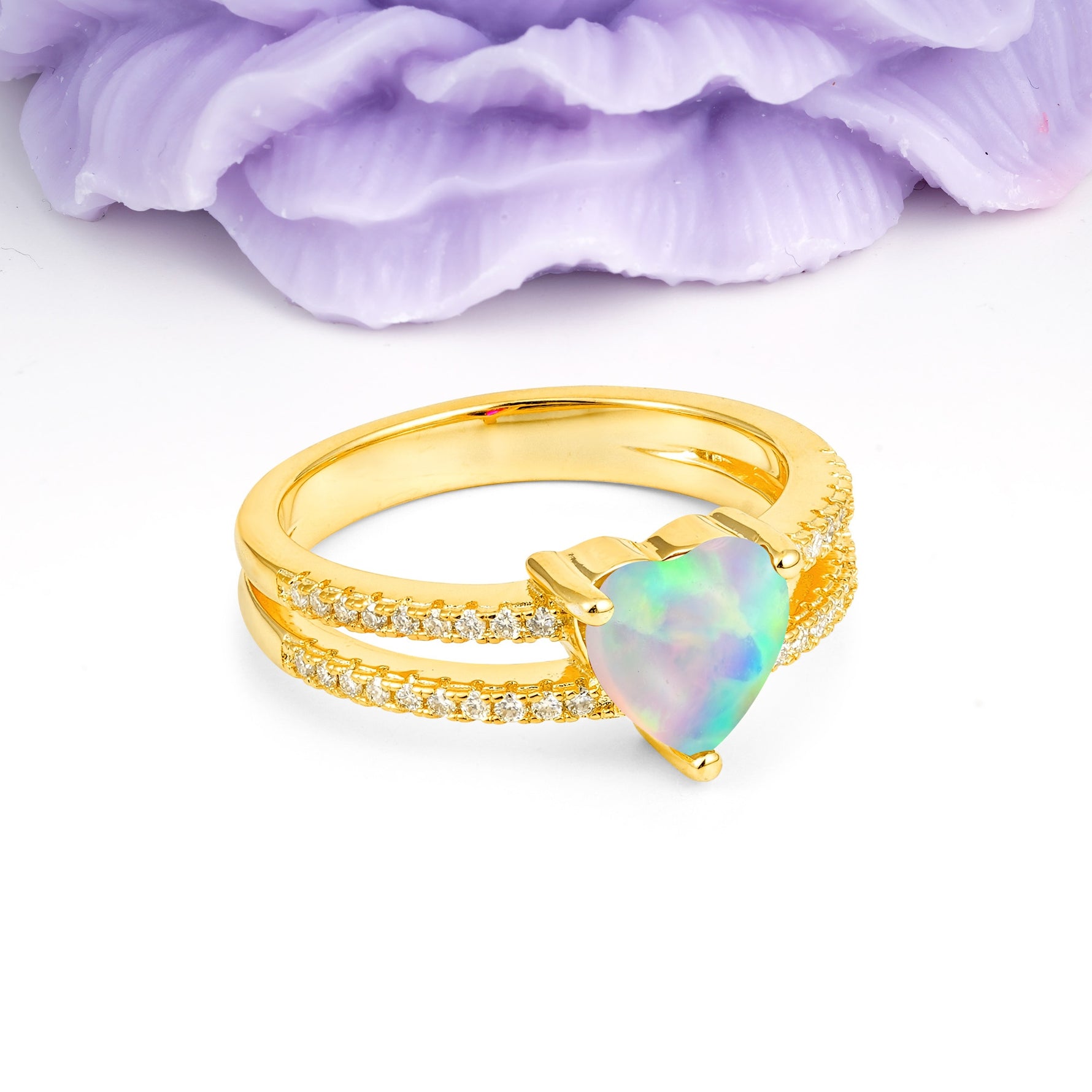 Luxurious Double Row Pavé, 3 Prong Heart Cut Fire Opal Engagement Ring - Additional view
