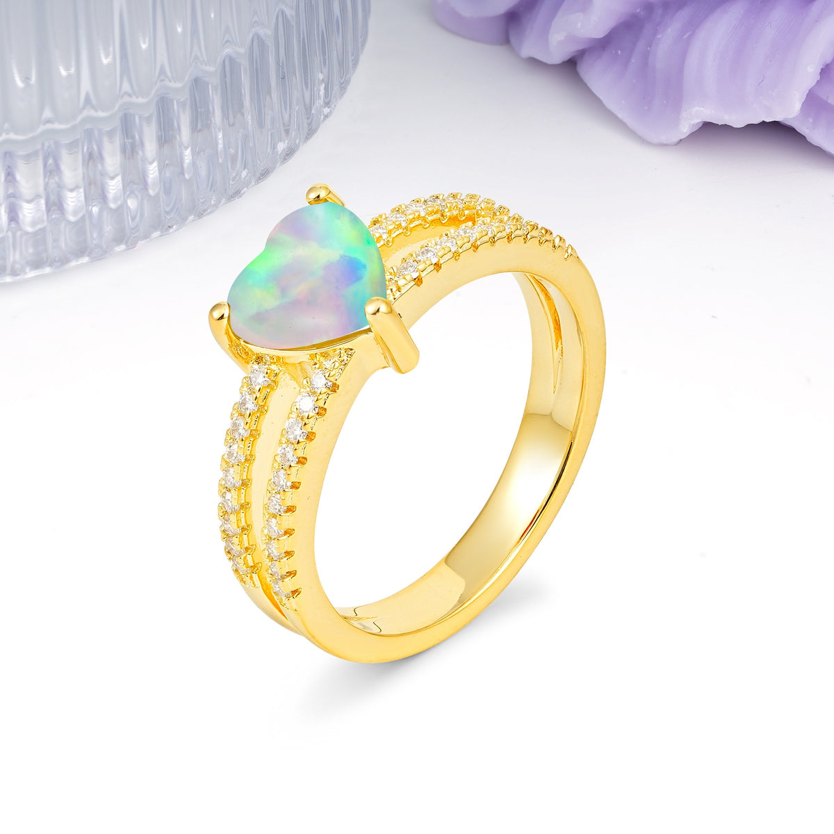 Luxurious Double Row Pavé, 3 Prong Heart Cut Fire Opal Engagement Ring - Additional view