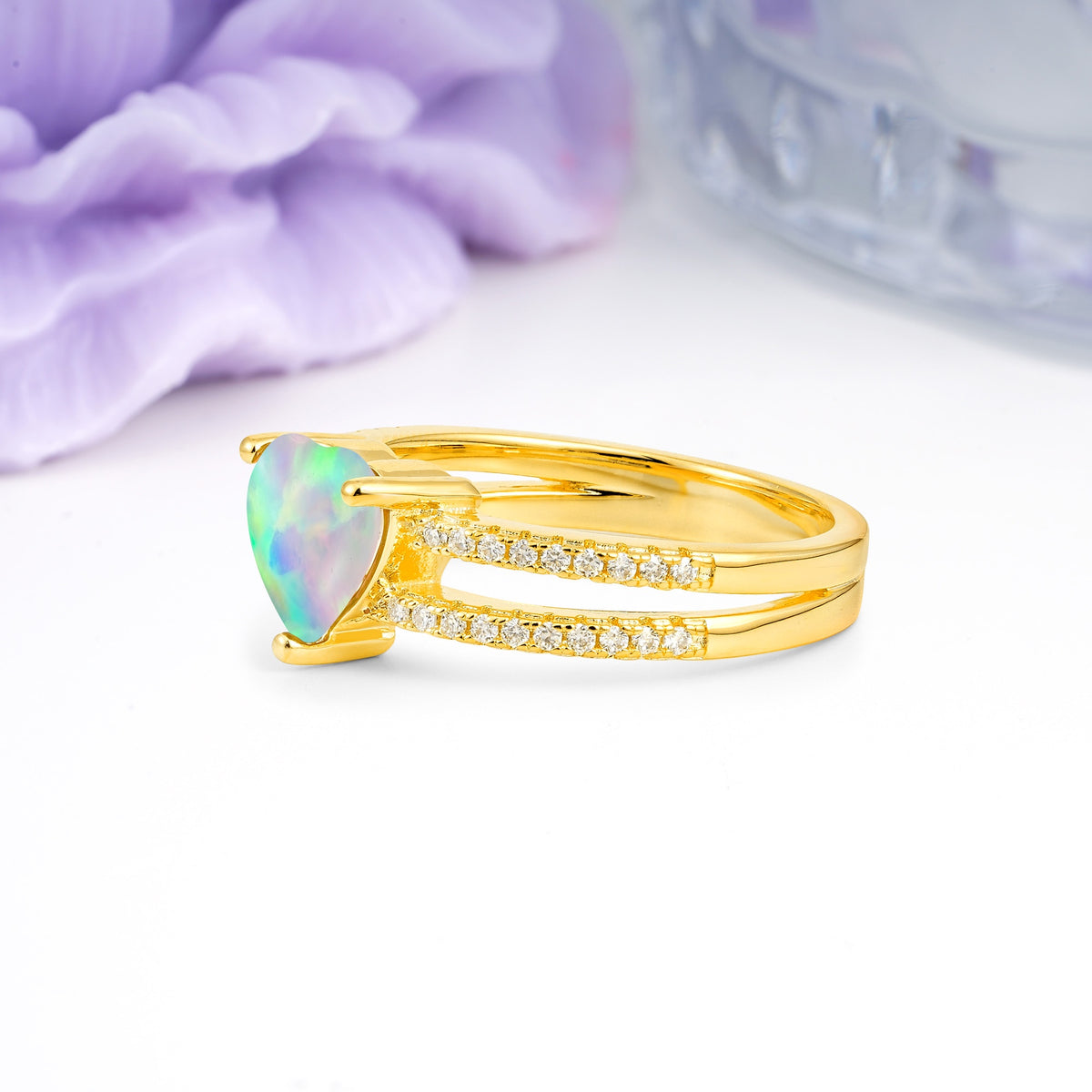 Luxurious Double Row Pavé, 3 Prong Heart Cut Fire Opal Engagement Ring - Additional view