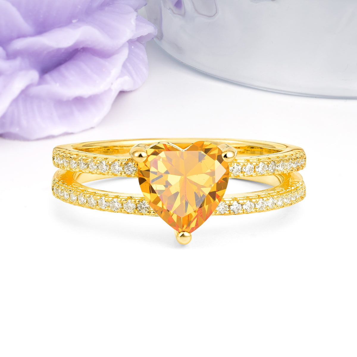 Luxurious Double Row Pavé, 3 Prong Heart Cut Citrine Engagement Ring - Additional view