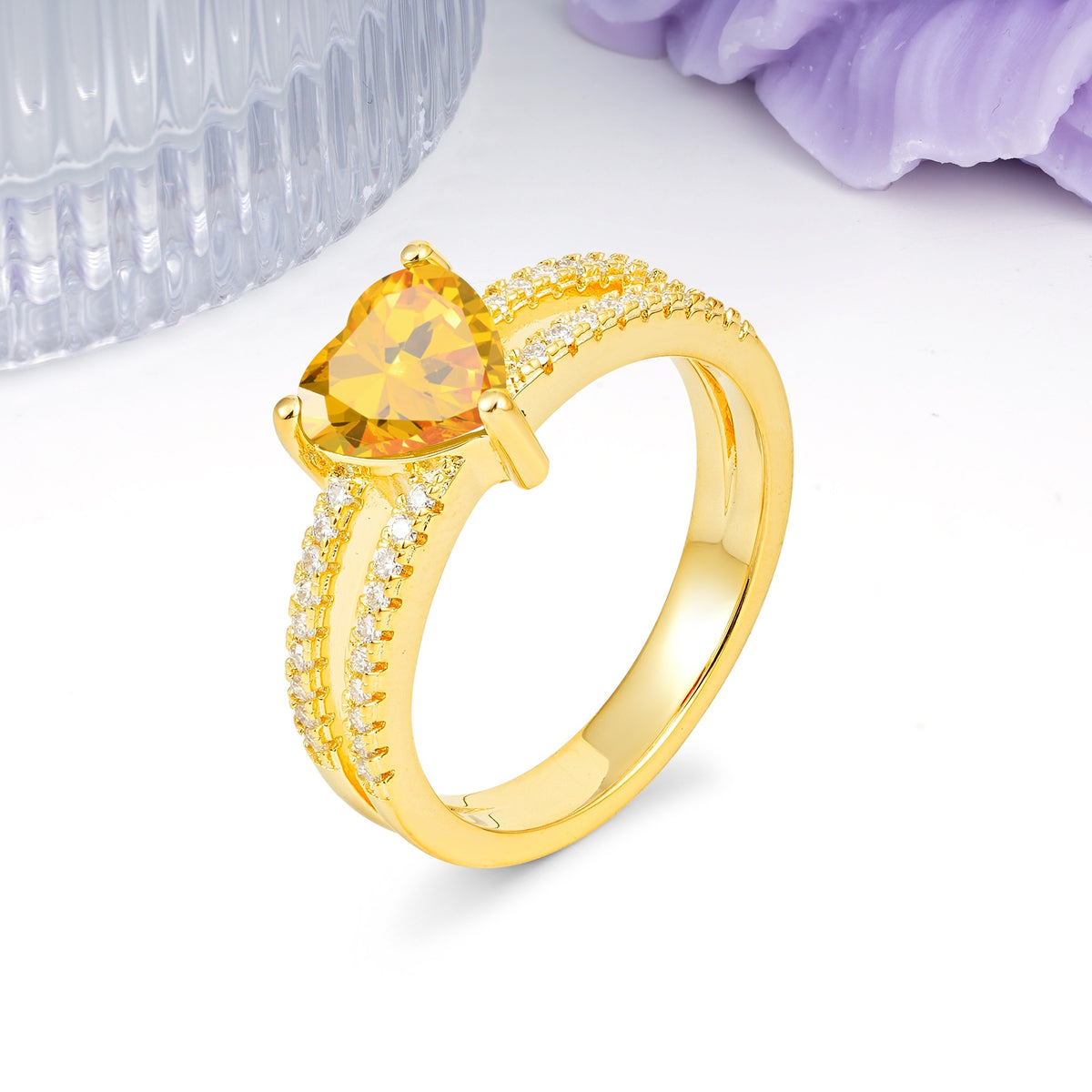 Luxurious Double Row Pavé, 3 Prong Heart Cut Citrine Engagement Ring - Additional view