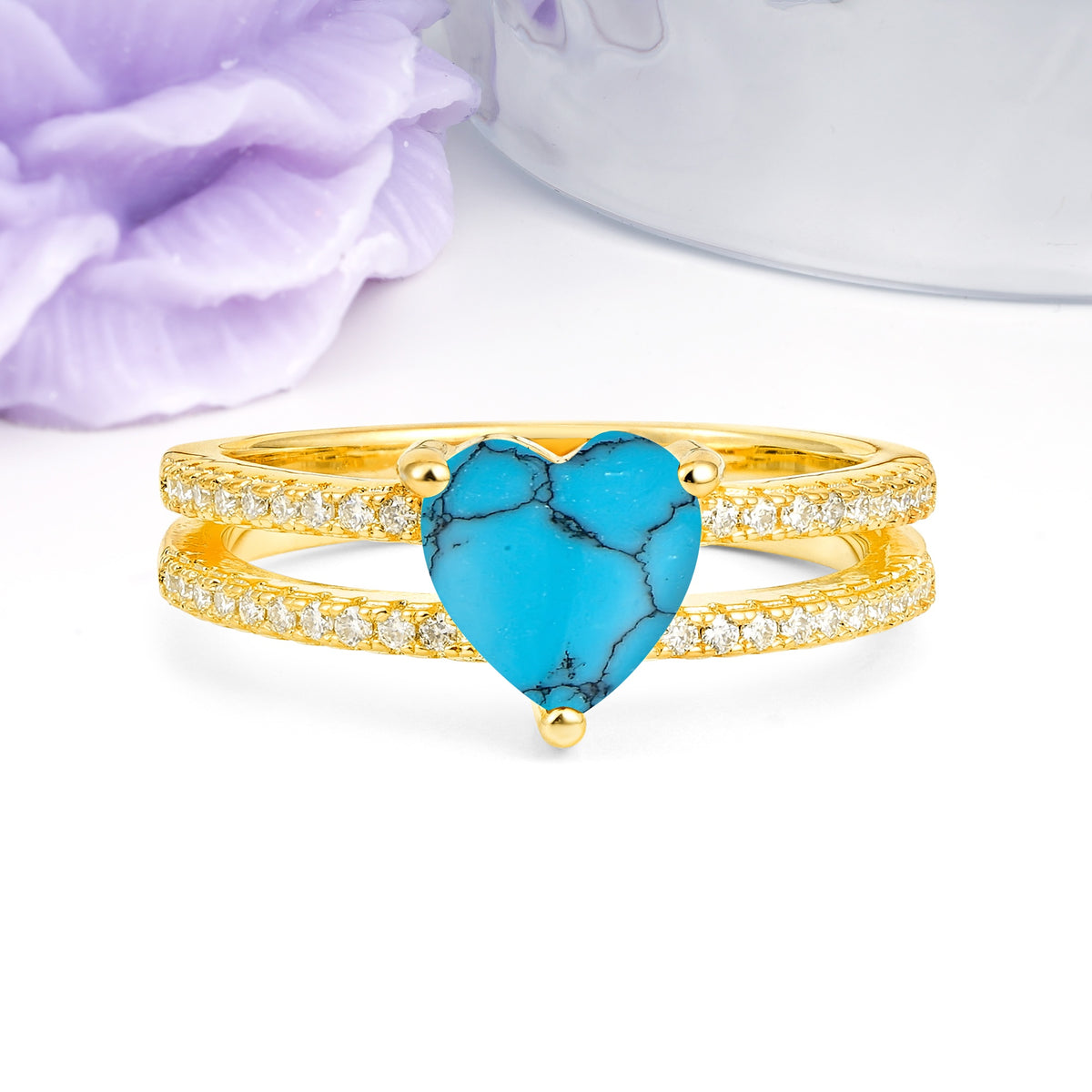 Luxurious Double Row Pavé, 3 Prong Heart Cut Turquoise Engagement Ring - Additional view