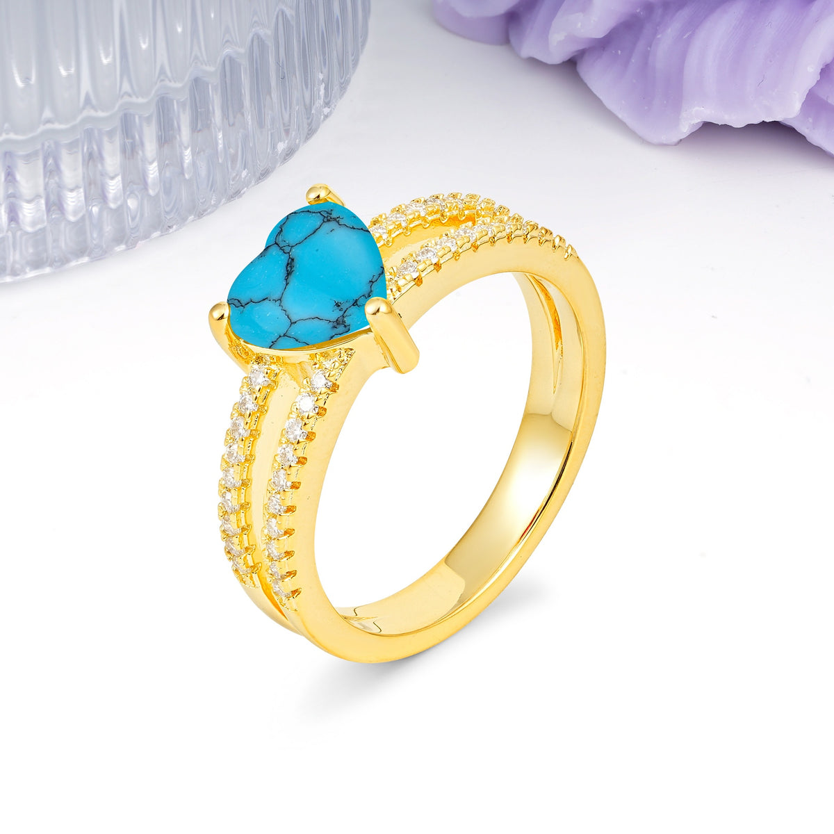 Luxurious Double Row Pavé, 3 Prong Heart Cut Turquoise Engagement Ring - Additional view