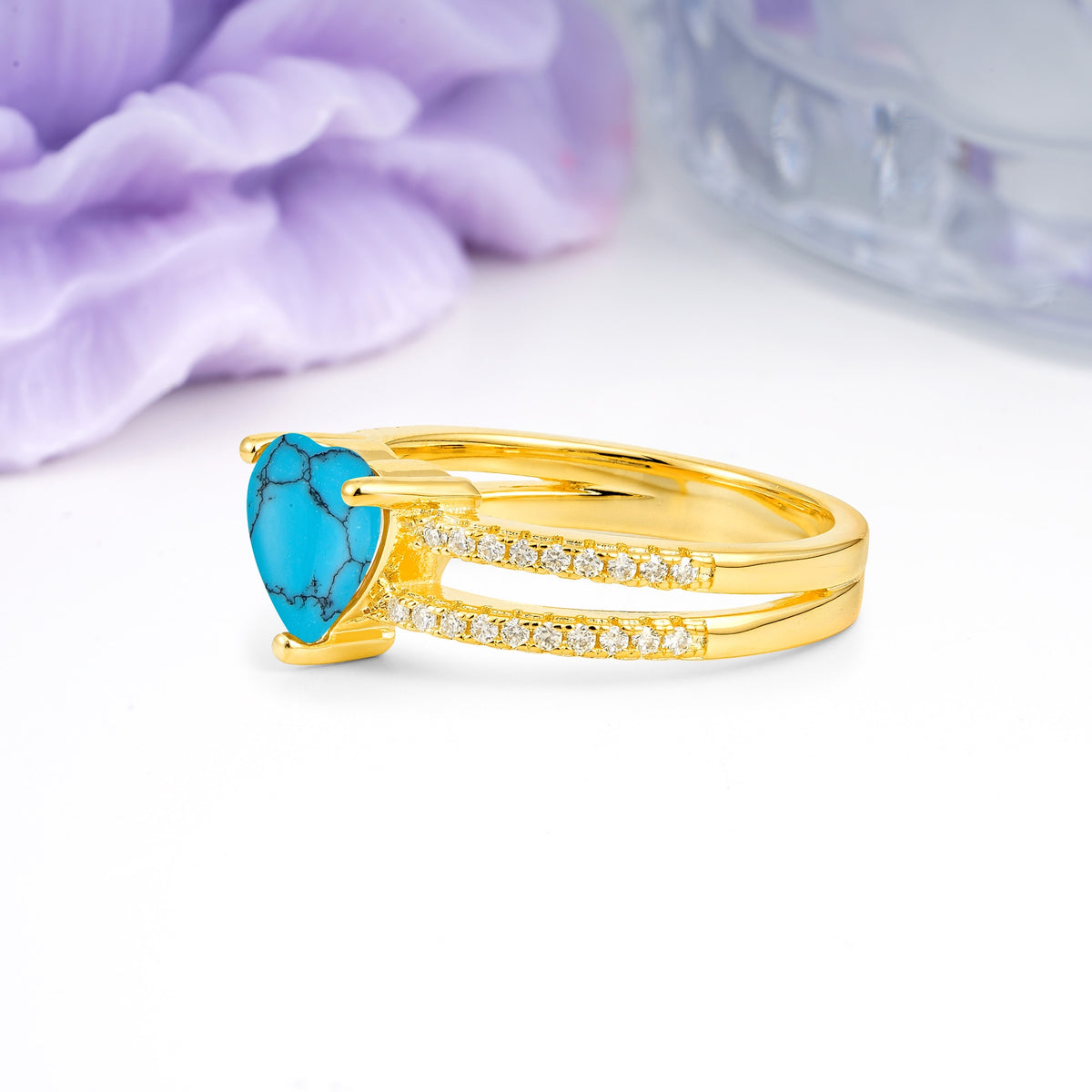 Luxurious Double Row Pavé, 3 Prong Heart Cut Turquoise Engagement Ring - Additional view