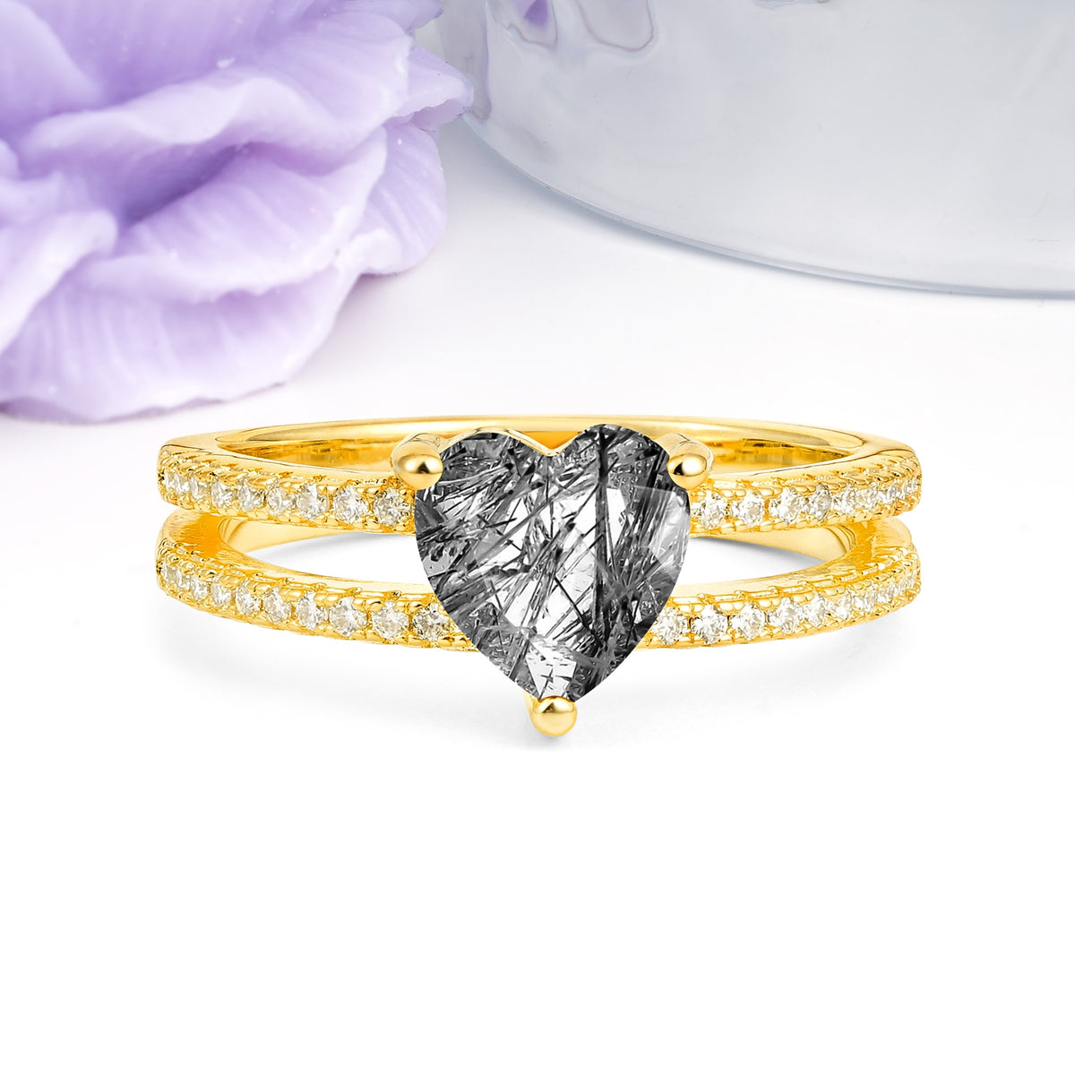 Luxurious Double Row Pavé, 3 Prong Heart Cut Black Rutilated Quartz Engagement Ring - Additional view