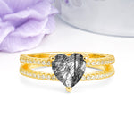 Luxurious Double Row Pavé, 3 Prong Heart Cut Black Rutilated Quartz Engagement Ring - Additional view