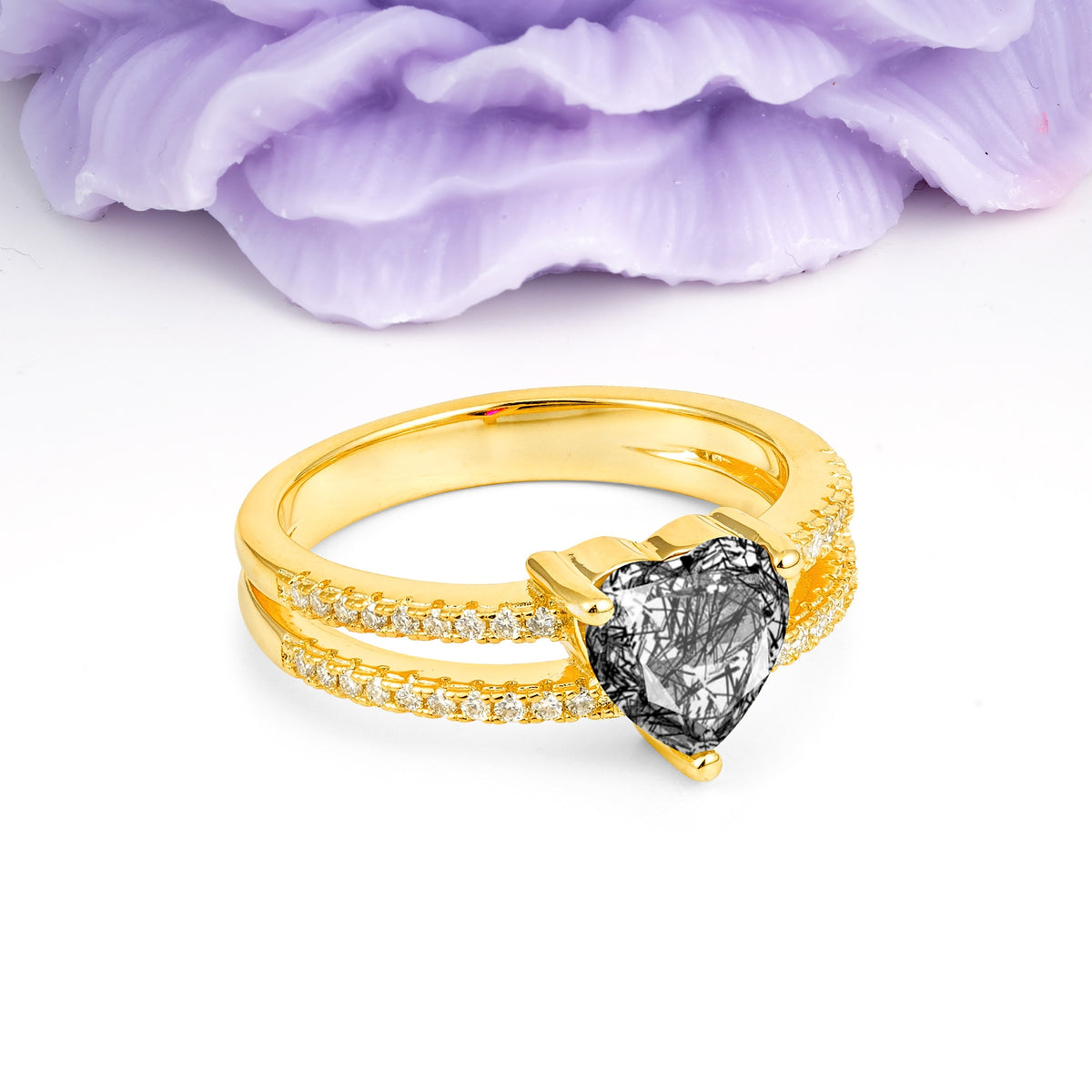 Luxurious Double Row Pavé, 3 Prong Heart Cut Black Rutilated Quartz Engagement Ring - Additional view