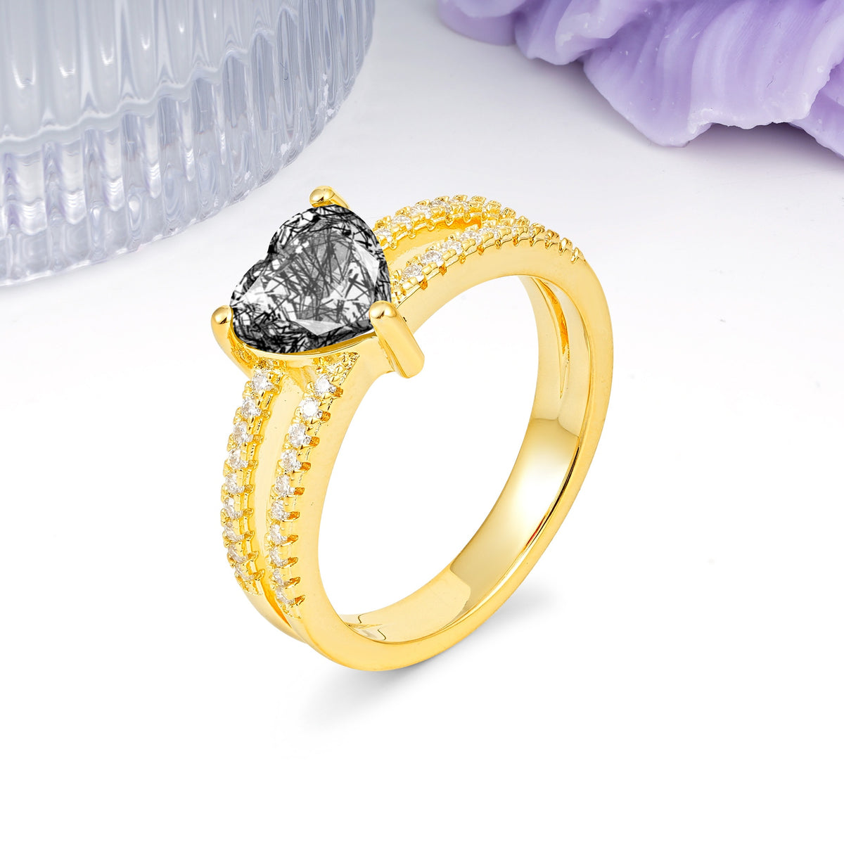 Luxurious Double Row Pavé, 3 Prong Heart Cut Black Rutilated Quartz Engagement Ring - Additional view