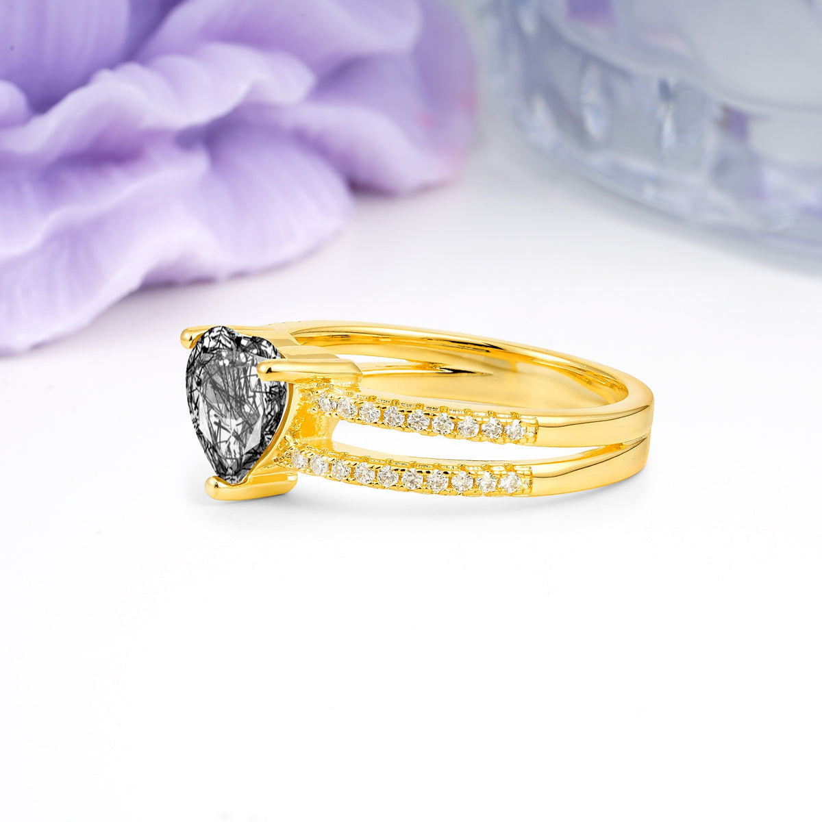 Luxurious Double Row Pavé, 3 Prong Heart Cut Black Rutilated Quartz Engagement Ring - Additional view