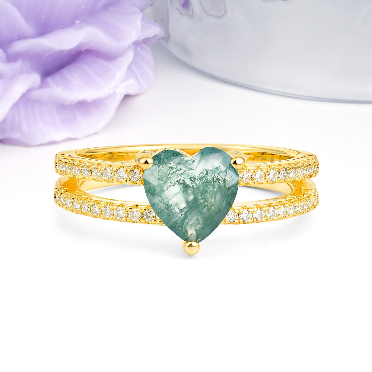 Luxurious Double Row Pavé, 3 Prong Heart Cut Moss Agate Engagement Ring - Additional view