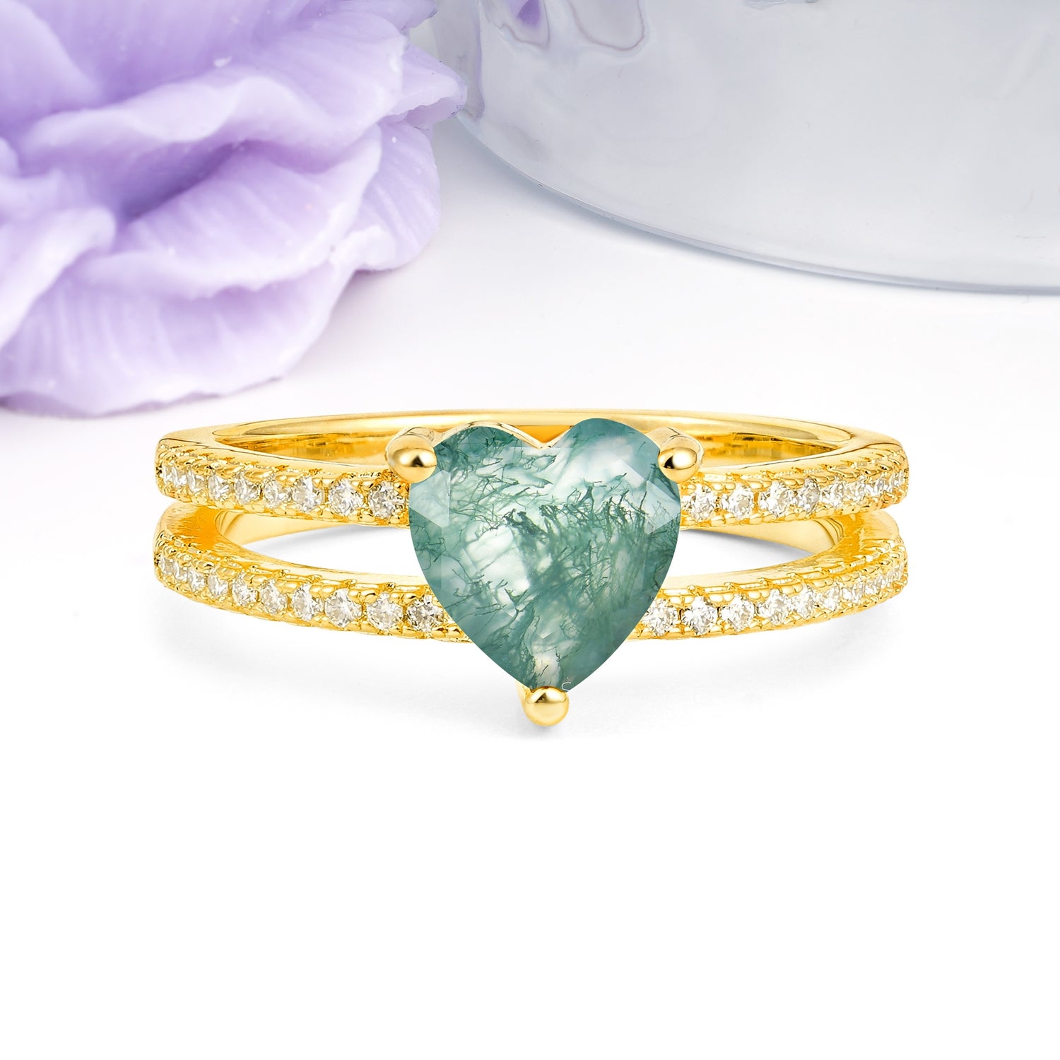 Luxurious Double Row Pavé, 3 Prong Heart Cut Moss Agate Engagement Ring - Additional view