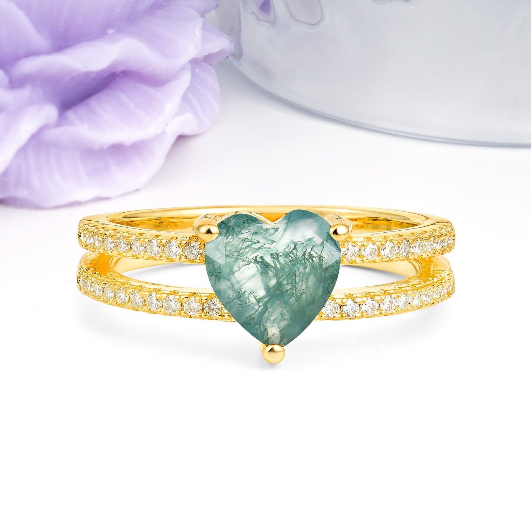 Luxurious Double Row Pavé, 3 Prong Heart Cut Moss Agate Engagement Ring - Additional view