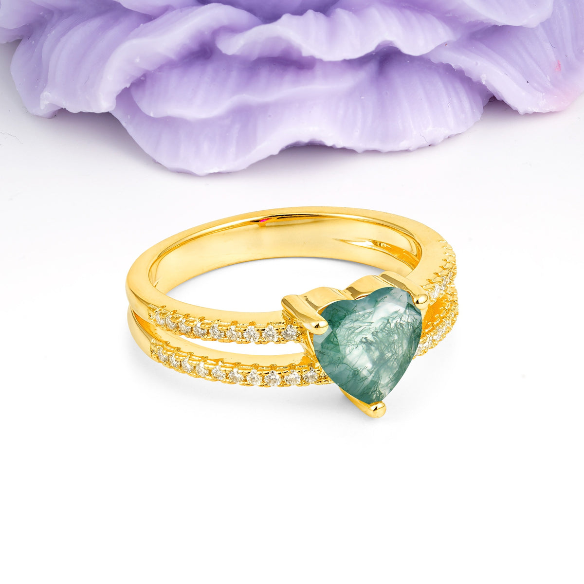 Luxurious Double Row Pavé, 3 Prong Heart Cut Moss Agate Engagement Ring - Additional view