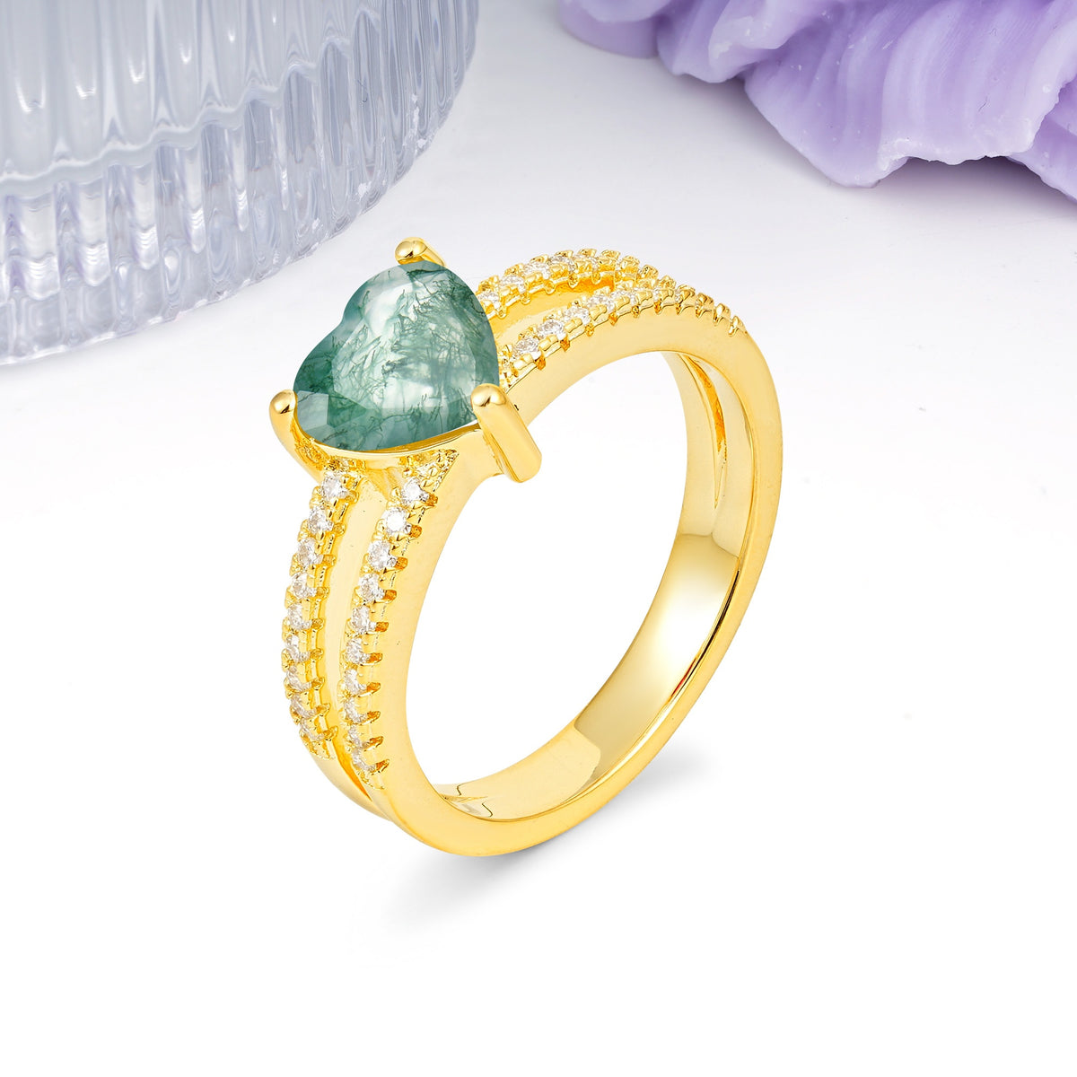 Luxurious Double Row Pavé, 3 Prong Heart Cut Moss Agate Engagement Ring - Additional view