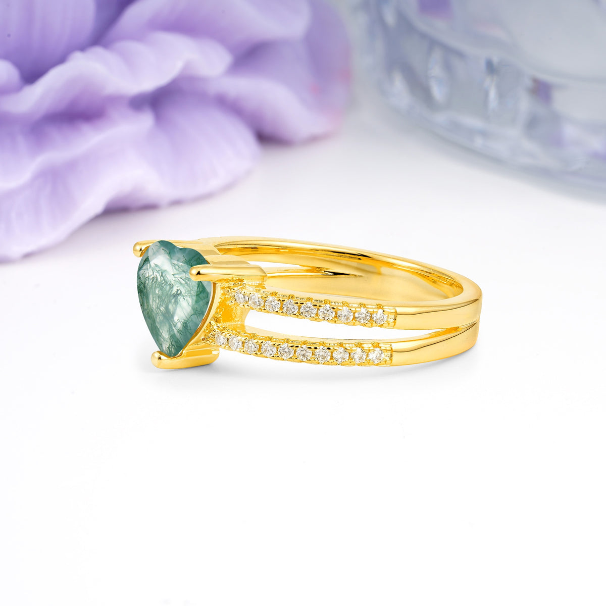 Luxurious Double Row Pavé, 3 Prong Heart Cut Moss Agate Engagement Ring - Additional view