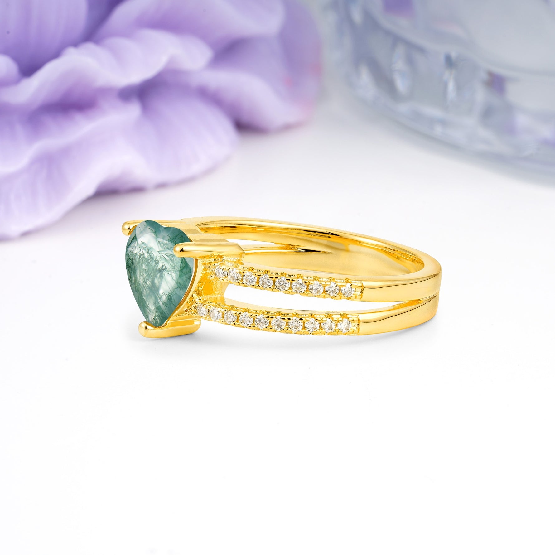 Luxurious Double Row Pavé, 3 Prong Heart Cut Moss Agate Engagement Ring - Additional view