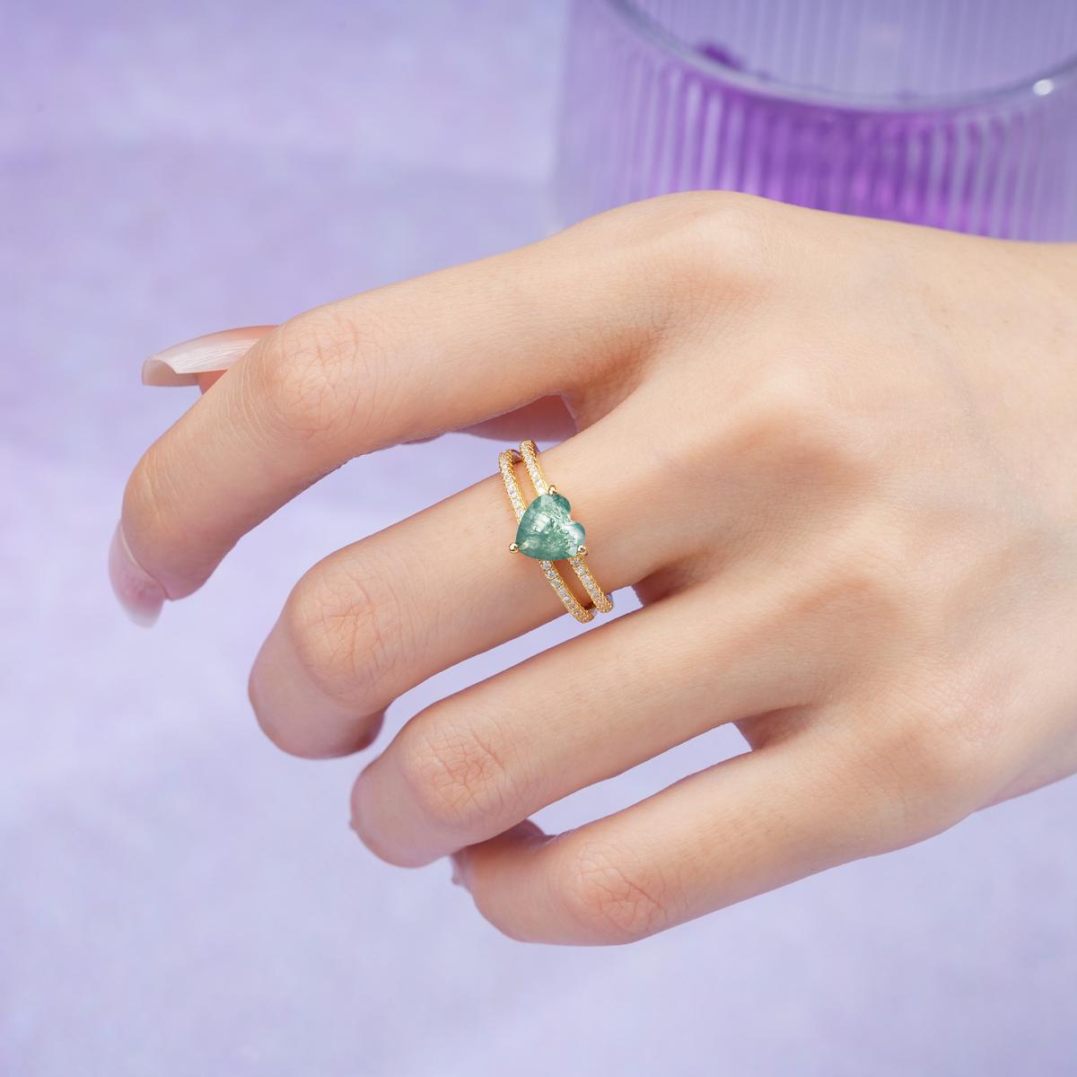 Luxurious Double Row Pavé, 3 Prong Heart Cut Moss Agate Engagement Ring