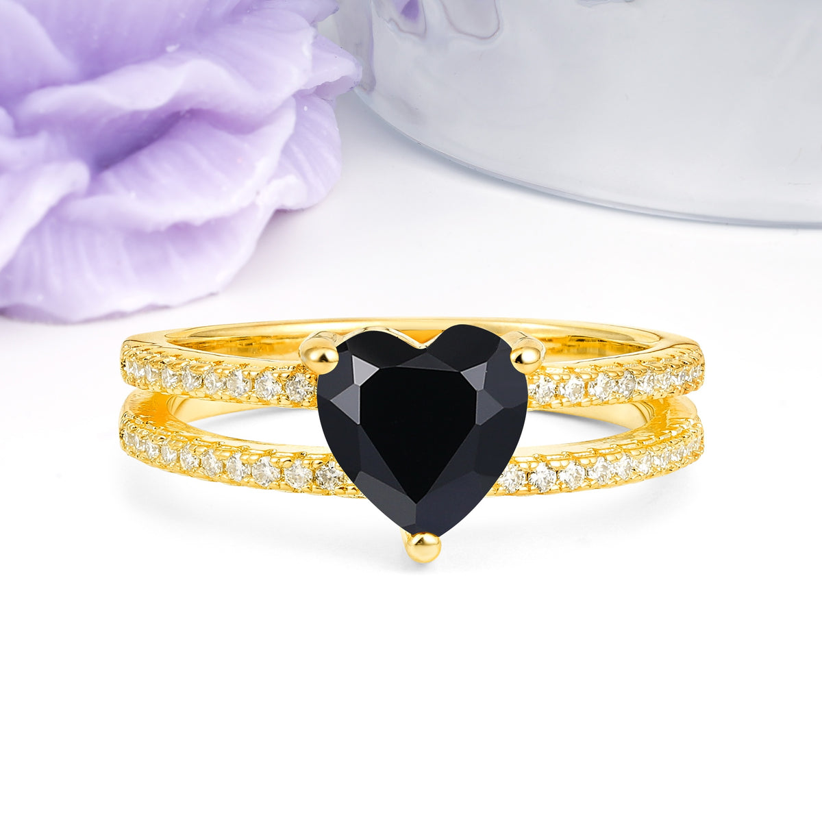 Luxurious Double Row Pavé, 3 Prong Heart Cut Black Onyx Engagement Ring - Additional view