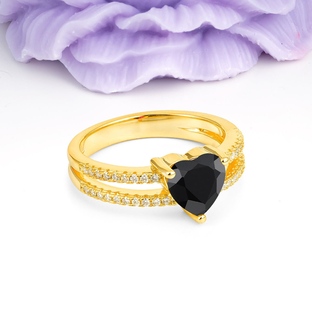 Luxurious Double Row Pavé, 3 Prong Heart Cut Black Onyx Engagement Ring - Additional view